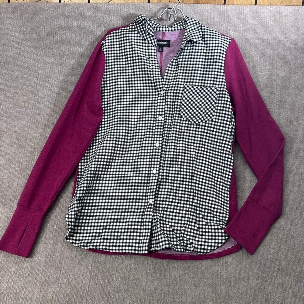 Betabrand Black Gingham Color Block Knit Top Purple Thumb Hole Long Sleeve - L